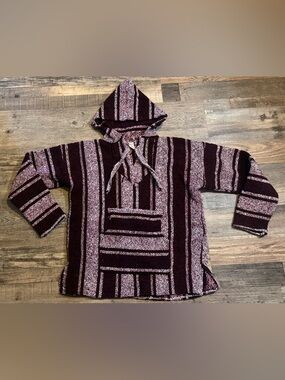 Maroon Striped Hooded Baja Sweatshirt size Medium M women’s Mexican blanket